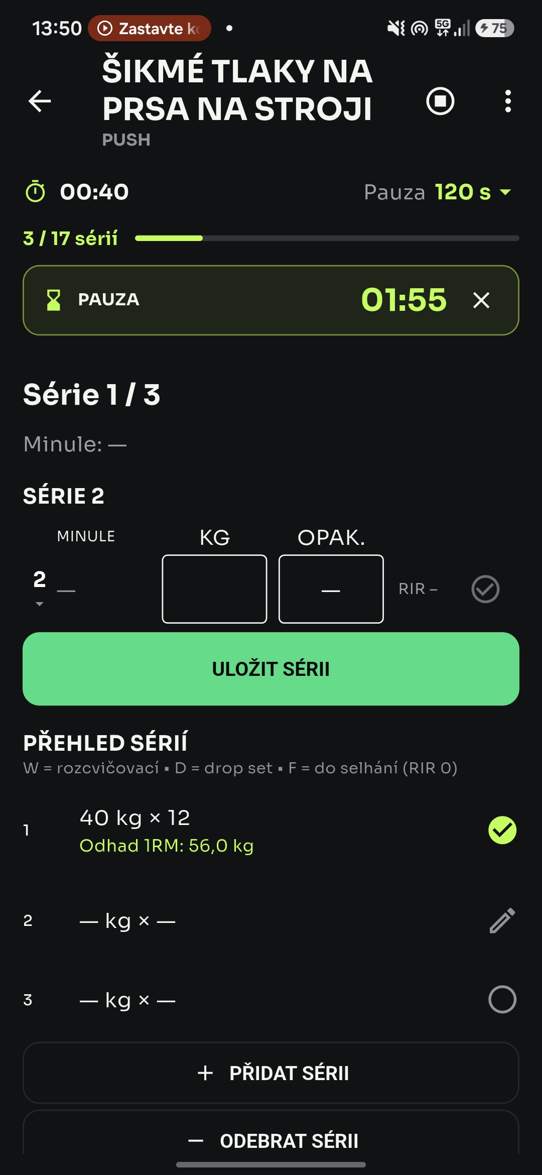 WOOTREX: probíhající silový trénink, čas pauzy a zápis sérií
